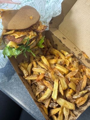 Bacon plant 2.0 burger (with a GF bun) + fries at Honest Burgers - Bank in London