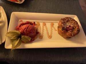 Vegan apple cake with berry sorbet - so good!  at Café Winuwuk in Bad Harzburg
