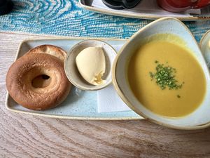 Lentil curried soup with bagel   at High St Merchants in Grantown On Spey