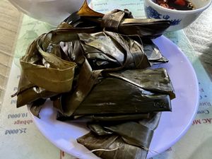 Inside is a glutinous rice with a filling- tasted like mock fish   at Thanh Lieu in Hue