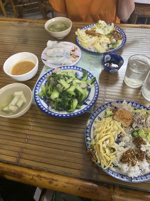 2 plates of rice, spring rolls, and fried mushroom with cabbage for only 65k. Free soup.  at Thanh Lieu in Hue