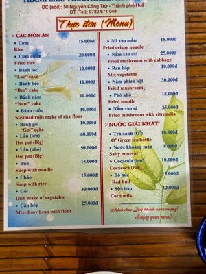Menu at Thanh Lieu in Hue