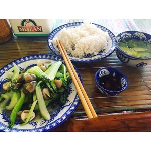 Rice, veg, mushrooms, soup at Thanh Lieu in Hue