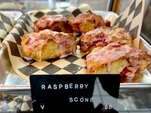 Vegan raspberry scones in the case   at Val's Bakery in Dayton