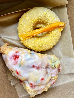 Vegan treats at Val’s Home Bakery. Mango donut and Watermelon-Basil scone!   at Val's Bakery in Dayton