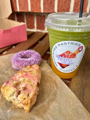 Incredible Strawberry Maragarita scone and Mango Matcha latte (Ube donut in the background)  at Val's Bakery in Dayton