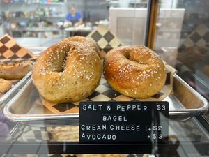 Salt n’ Pepper bagels in the case 🥯 (they have vegan cream cheese too)   at Val's Bakery in Dayton