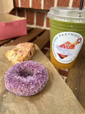 Vegan ube donut, frozen mango matcha latte (strawberry margarita scone in the background)   at Val's Bakery in Dayton