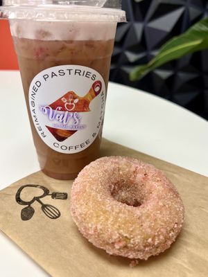 Valentines Month Specials! 💕 Strawberry Milk Latte and GF/V strawberry donut   at Val's Bakery in Dayton