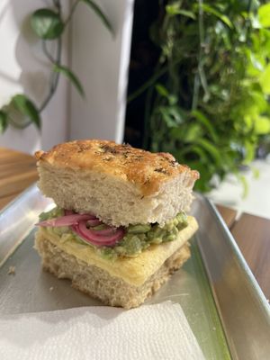 The vegan breakfast sandwich on focaccia SLAPS 🔥  at Val's Bakery in Dayton