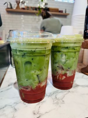Strawberry Matcha Latte with oat milk at Val’s. 🍓 Best matcha in town, hands down!   at Val's Bakery in Dayton