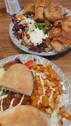 Daily dish and two borek (with eggplant and spinach) at Köstlich Vegan in Tubingen
