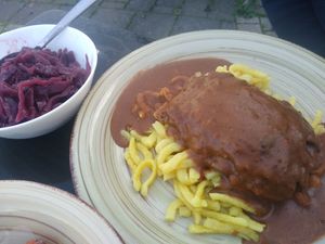 Roulade on Spätzle with red cabbage at Lupikuss in Wiesloch