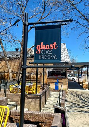 Street lamp sign at Ghost Box Pizza in Lafayette