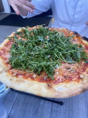 Arugula (wilted down and easier to eat than looks), rosemary potatoes and melted onions  at Ghost Box Pizza in Lafayette