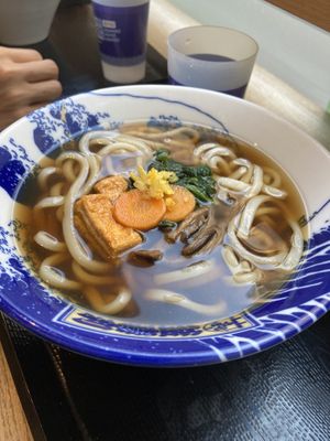 Vegan udon garnished with sweet tofu skin and mushroom  at Kamakiri Hakata Udon in Paris