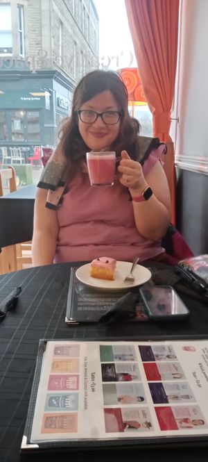 Nice cake and latte drink  at Vigour & Virtue in Buxton