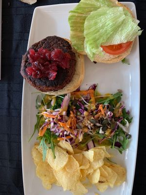 Black bean and beetroot burger  at Vigour & Virtue in Buxton