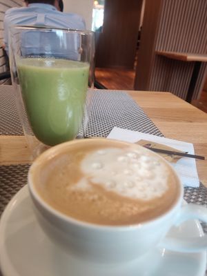 Soy latte and green juice at Greeno in Ulaanbaatar