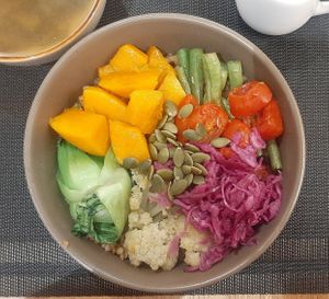 "Vegetarian bowl" customised into vegan by replacing butter with plant-based oil. All other bowls on their menu can be veganized upon request by changing/replacing ingredients. at Greeno in Ulaanbaatar