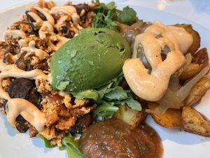 This is based on the vegan burrito. Just omit the wrap, add vegan chorizo, and avocado! Make for a delicious breakfast   at LYFE Kitchen in Chicago