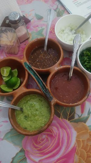 Salsas picantes at Taco Verde in Morelia