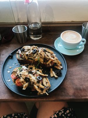 Mushroom queen with vegan cream cheese and oat cappuccino   at Good Eats in Hoi An