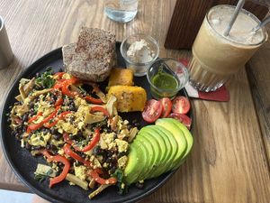 Vegan breakfast with gluten free bread, with coconut condensed milk coffeee  at Good Eats in Hoi An