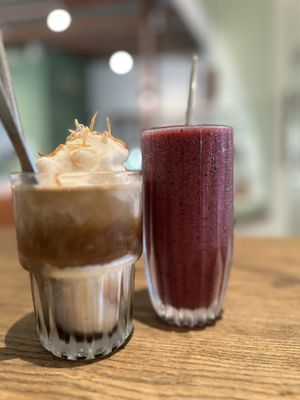 Iced Coconut Coffe vegan & Berry Blast smoothie   at Good Eats in Hoi An