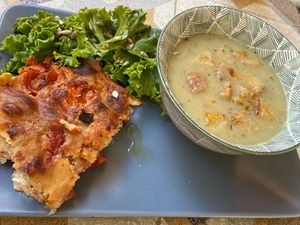 lasagna and leek soupp  at Art Kuha Odeon in Izola