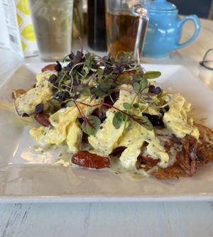Mediterranean hash with “Just Egg” and vegan cheese  at Watusi in Hilton Head Island