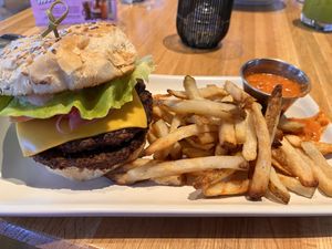 Double cheeseburger and friess  at True Food Kitchen in Gaithersburg