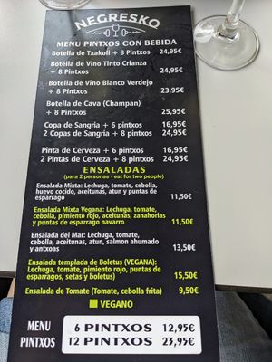 Other side of menu at Negresco in Bilbao