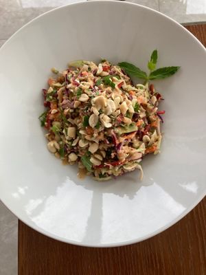 Thai Peanut Slaw with Quinoa
- Red cabbage, White cabbage, Shaved Carrots, Sweet red peppers, and fresh herbs in a peanut - ginger dressing at Nohut Paşa Cafe in Antalya