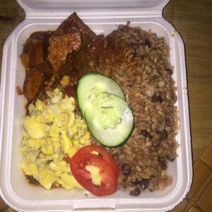 BBQ tofu / ackee in coconut stew/ red peas and rice  at Calabash Ital Restaurant in Ocho Rios