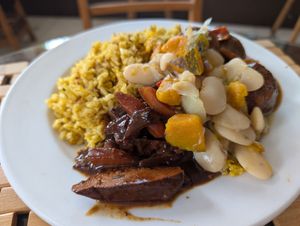 Tofu, pumpkin rice, BBQ veggie balls (this plate was the best!) at Calabash Ital Restaurant in Ocho Rios