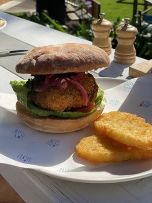 Vegan crumbed mushroom burger. I replaced chips with hash browns for breakfast. Was really good!  at Diggies in Kiama