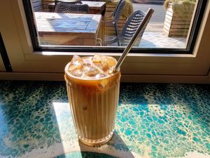 Iced Pistachio Latte (Oat Milk) at Cafe Notos in Rhosneigr
