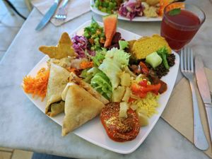 Plate w/stuffed bricks (similar to samosas) at Cafe Ginger in Paris