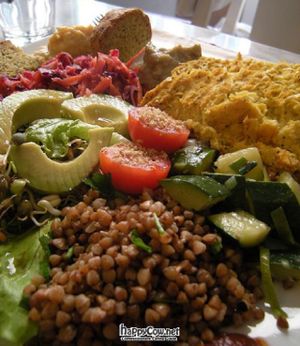 Vegan shepherds pie, salads, grain, veggies, sprouted beans, some amazing dips and sauces, and some mini bread slices. at Cafe Ginger in Paris