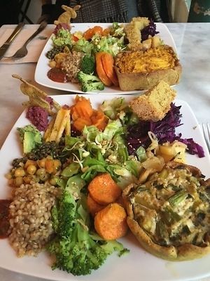 Quiche dishes with incredible veggie and grain sides!  at Cafe Ginger in Paris