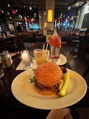 Impossible Burger. Sweet potatoe fries. Pumpkin spice margarita. at 5 Napkin Burger in New York City