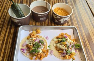 Vegan Jackfruit Tacos, Vegan beans, Vegan rice, and grilled jalapeño at Vatos Tacos + Tequila at The Foundry in Loveland