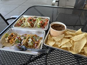Street taco options with chips and salsa  at Vatos Tacos + Tequila at The Foundry in Loveland