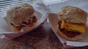 Breakfast sandwiches with homemade biscuits, tofu egg, chorizo, cheeze & mayo at The Chunky Scone in Highland Park