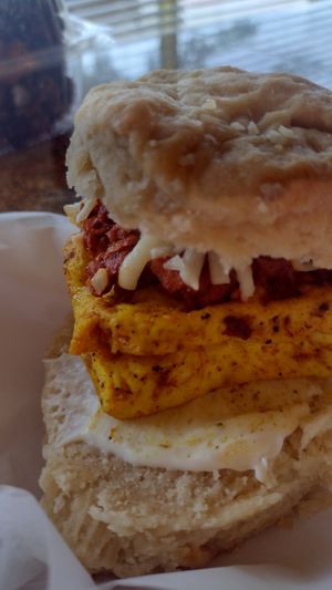 Flavorful breakfast sandwich with them most buttery homemade biscuit at The Chunky Scone in Highland Park