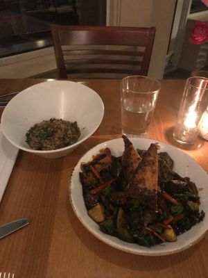 Szechuan eggplant and side of mushroom risotto   at Keenan's at the Pier in Bellingham
