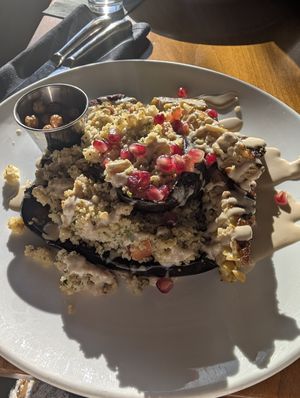 Spiced eggplant with crispy chickpeas and marinated tempeh at Keenan's at the Pier in Bellingham