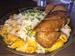 Mac and cheese with a side of beyond sausage! Out of this world  at Fern Flavors from the Garden in Charlotte