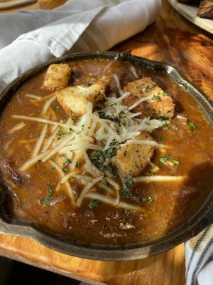 French onion soup  at Fern Flavors from the Garden in Charlotte